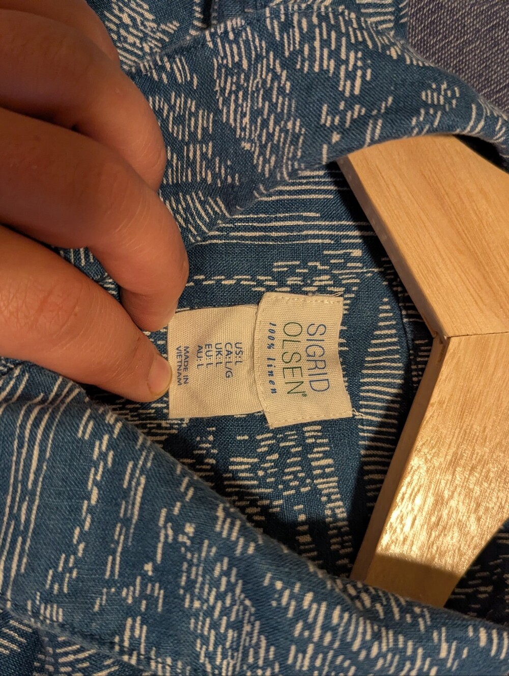 Sigrid Olsen Linen Blue Leaf-Print Short Sleeve Button Shirt, L - Picture 8 of 8
